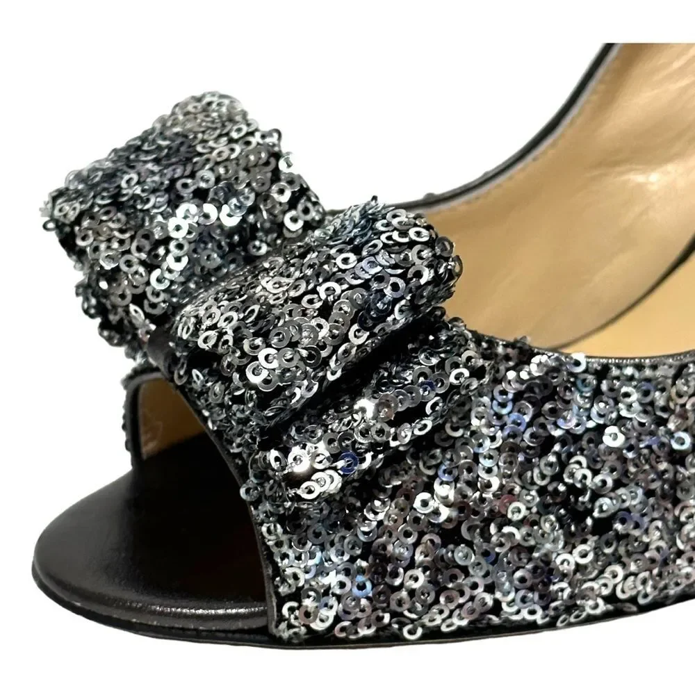 KATE SPADE Charm Micro Sequin Silver Slingback Pumps Heels Peep Toe Bow 8